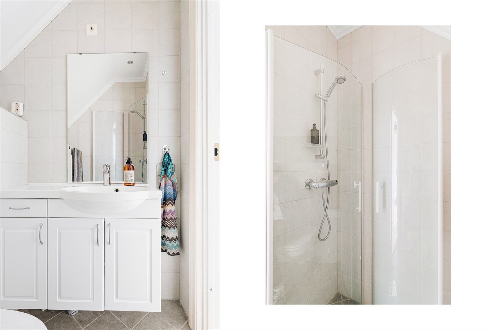 Badet ble pusset opp i 2008 og inneholder vegghengt toalett, helstøpt servant, skap under servant med profilerte fronter og dusjdører i klart glass. Galleribilde