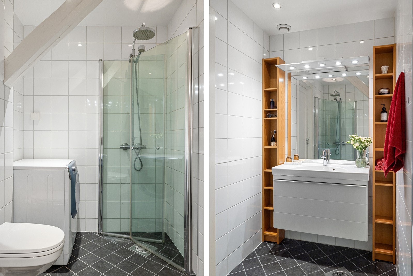 Flislagt baderom fra 2011 med gulvvarme. Det er opplegg for vaskemaskin og tørketrommel. Galleribilde