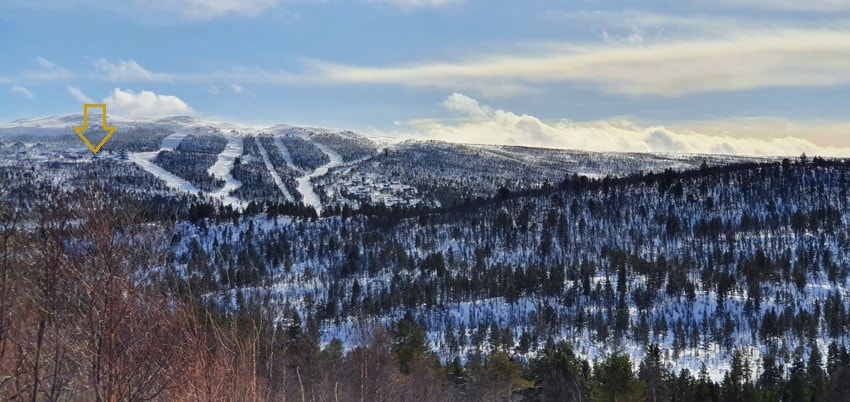 Dagali Alpinsenter, hyttens plassering i forhold til alpinsenteret er markert med pil. Galleribilde