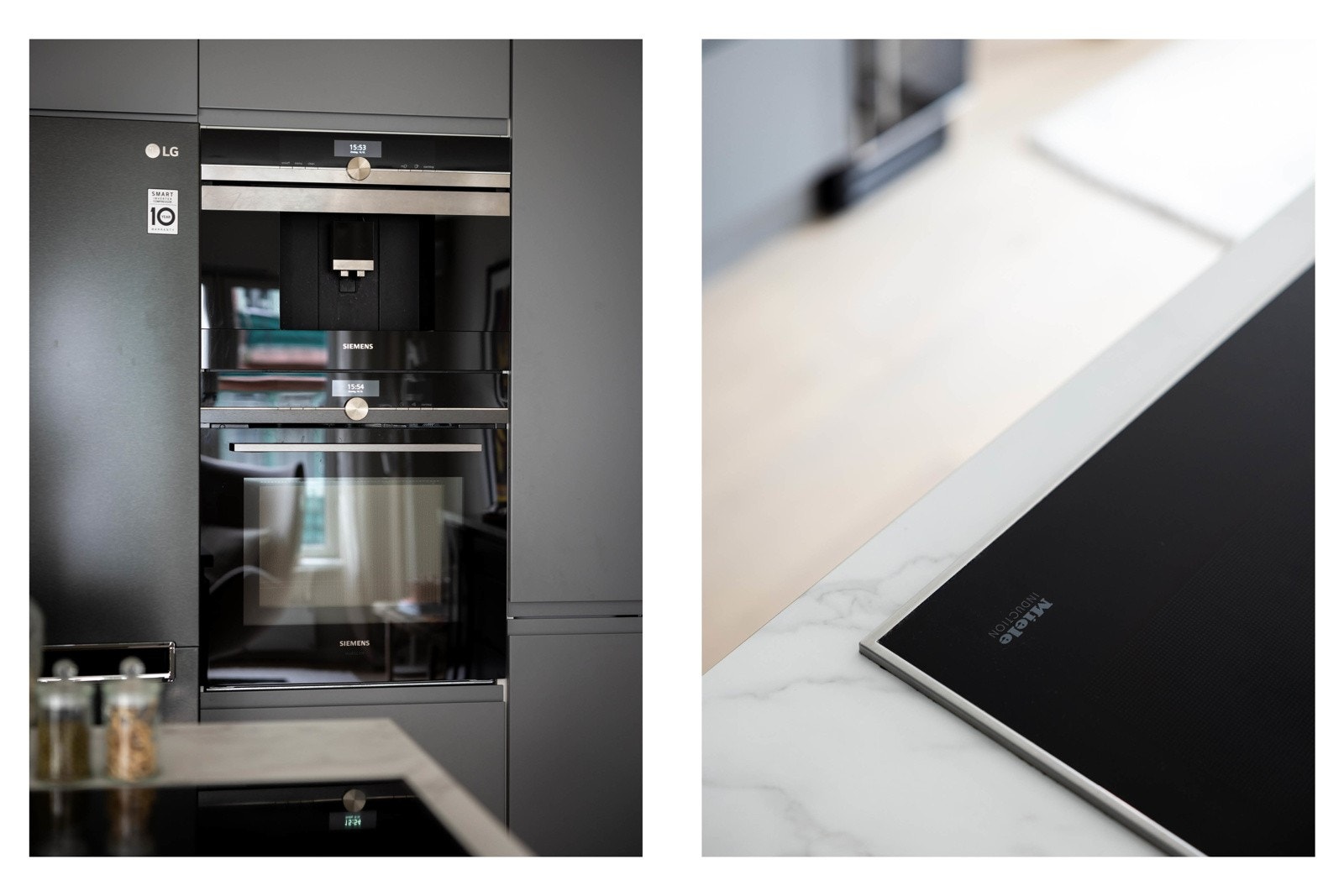 Eksklusive hvitevarer. Platetopp fra Miele, ovn fra Siemens (med mikrobølgefunksjon), kaffemaskin fra Siemens, kjøleskap fra LG og vinskap fra Temptech. Galleribilde