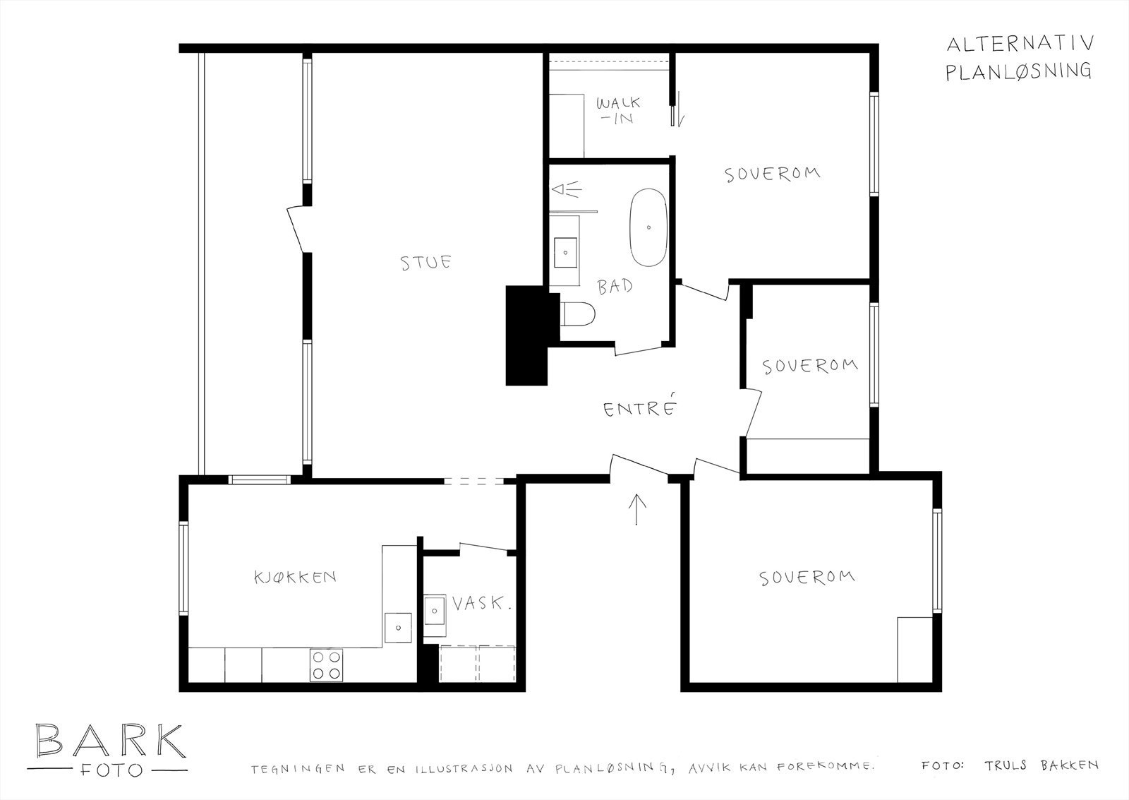 Leiligheten har opprinnelig hatt 3 soverom. Enkelt å tilbakeføre ved å sette opp lettvegg og dør ved dagens kontor. Galleribilde
