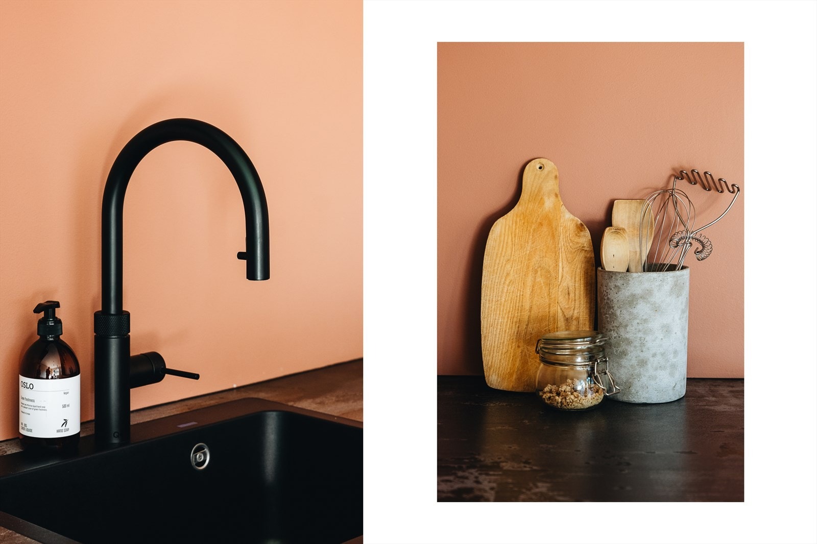 Tøff og slitesterk benkeplate i keramikk. Underlimt vask, og armatur med Quooker (som gir kokende vann på to sekunder - rett fra kranen). Merk fin detalj med sort fuge bak benkeplate. Galleribilde