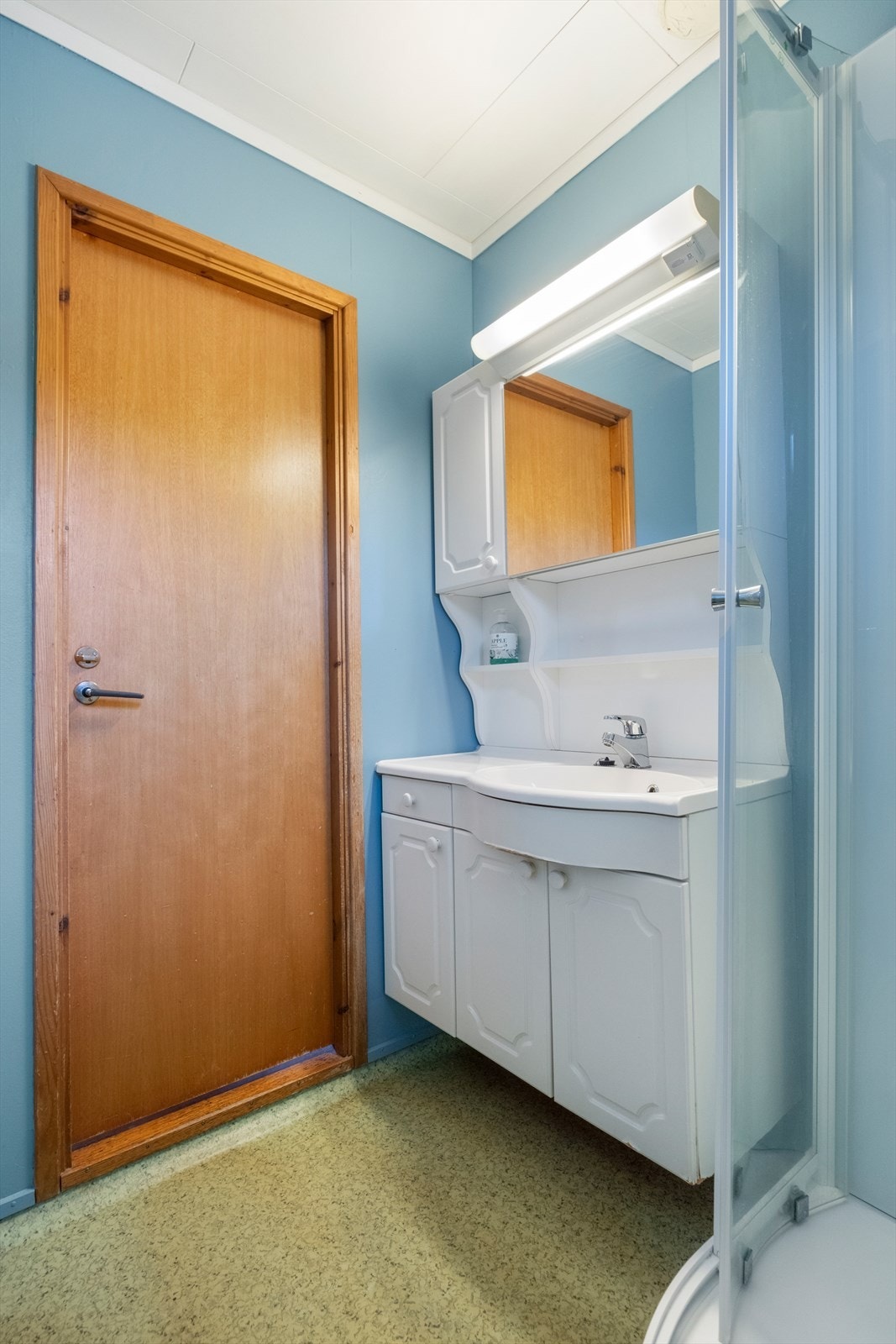 Vegger malt opp igjen i 2023. Badet har dusjkabinett og innredning med servant. Galleribilde