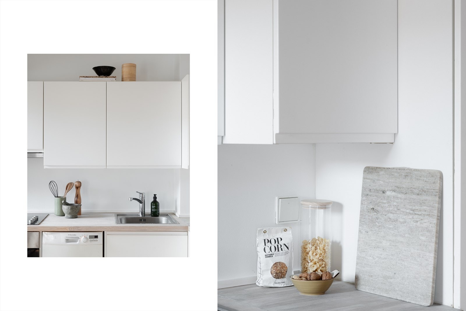 Innredningen har et stilrent uttrykk med hvite, matte fronter med integrert grep og heltre benkeplate. Galleribilde