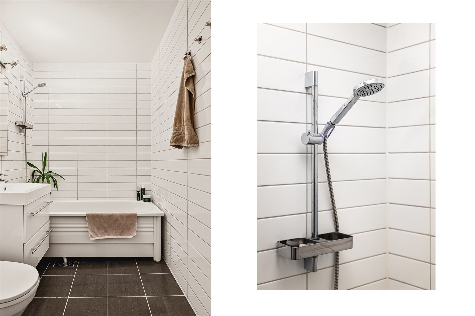 Det største badet inneholder toalett, helstøpt servant, skuffer under servant med slette fronter og badekar Galleribilde