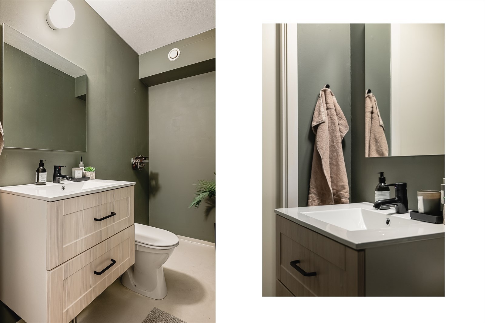 Det minste badet inneholder toalett, helstøpt servant, skuffer under servant med profilerte fronter og dusjgarnityr Galleribilde