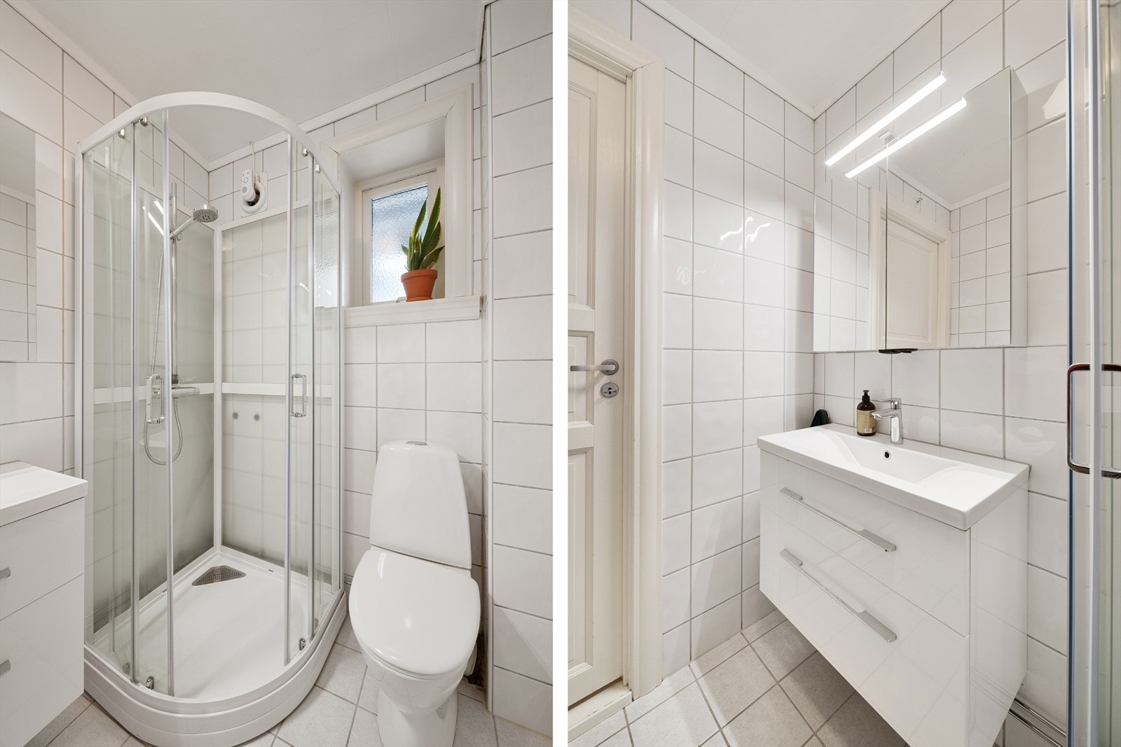 Badet er innredet med toalett, dusjkabinett og servant i baderomsmøbel. Galleribilde