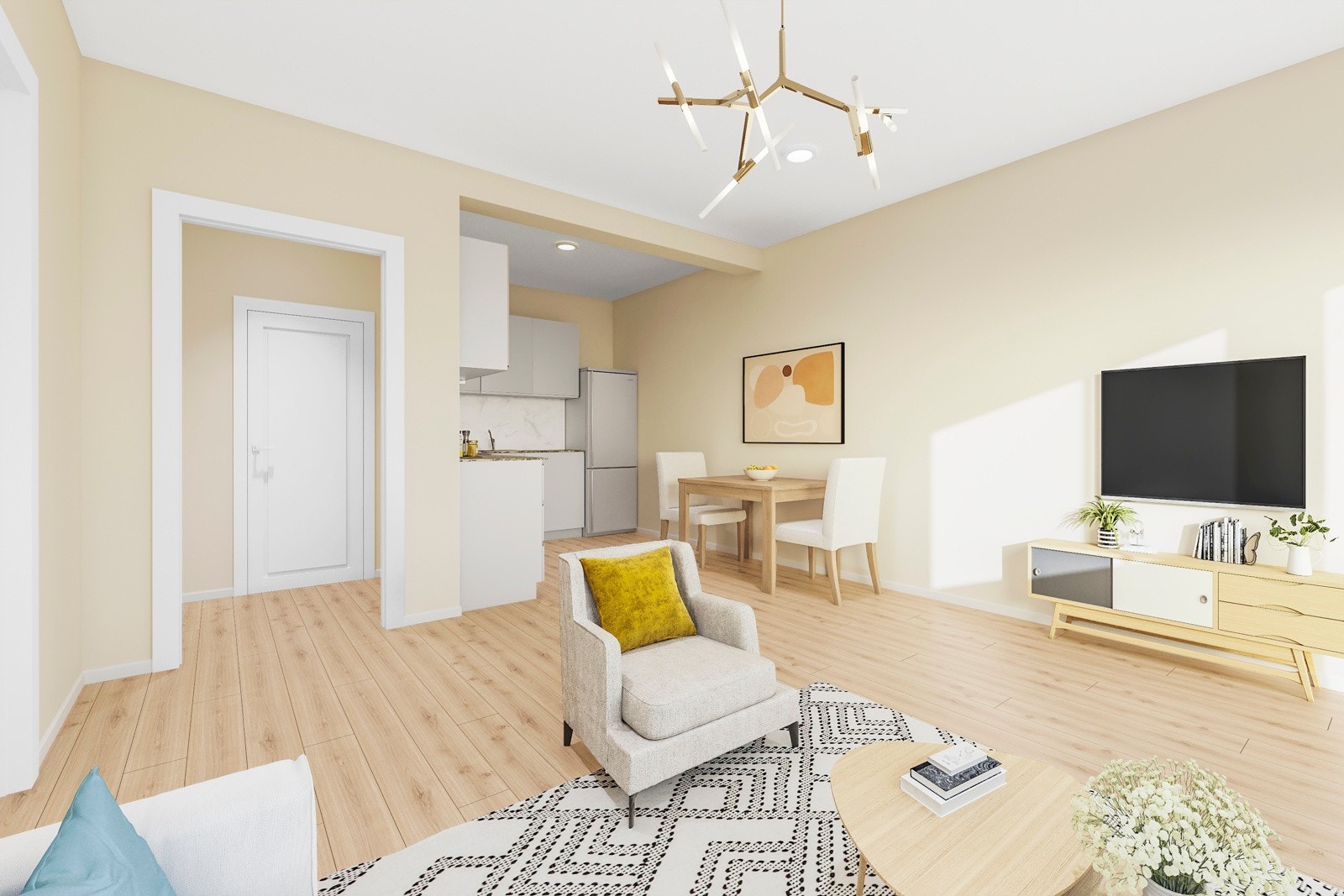 Ilustrasjonsbilde av stuen med åpen kjøkkenløsning. Galleribilde