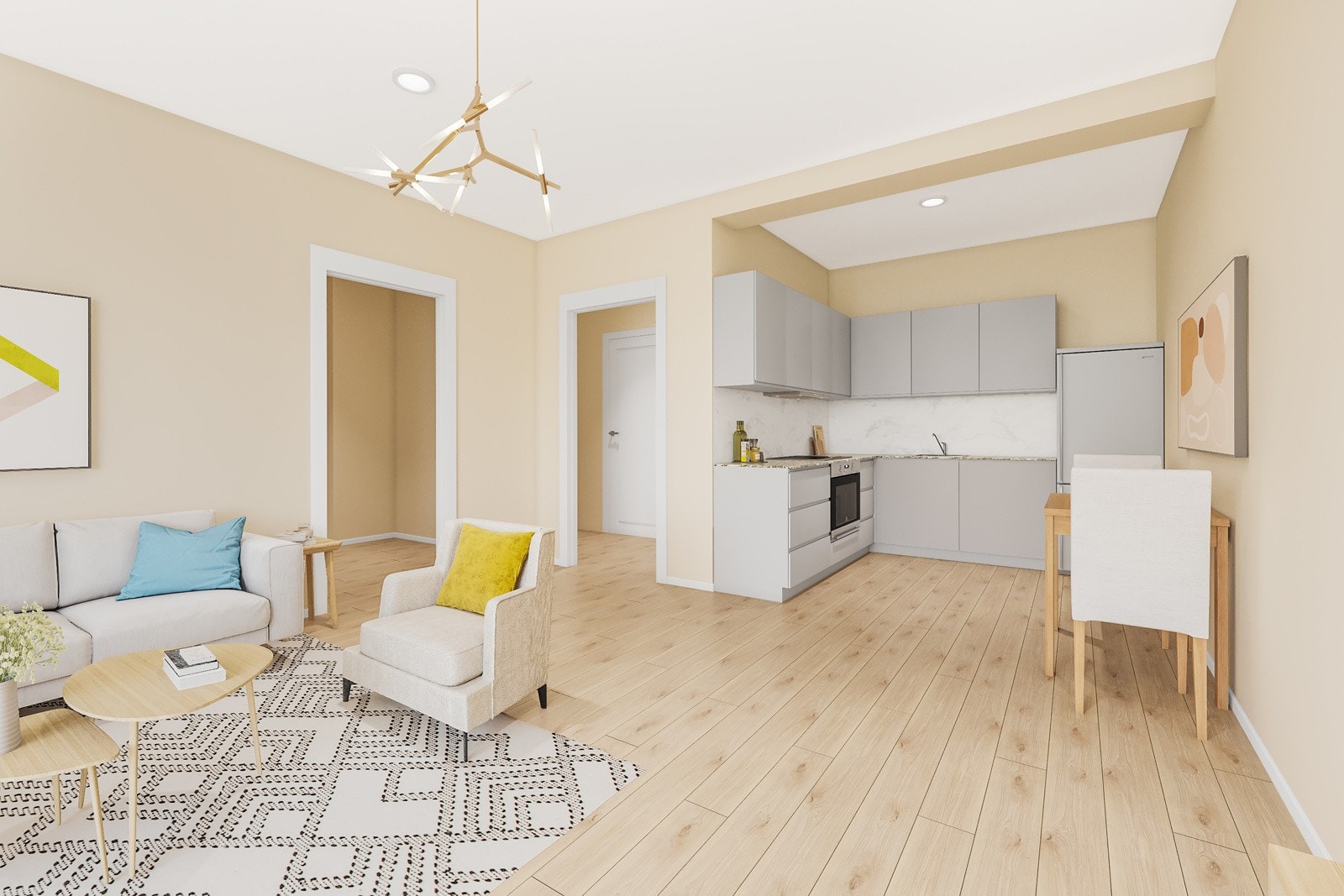 Ilustrasjonsbilde av stuen med åpen kjøkkenløsning. Galleribilde