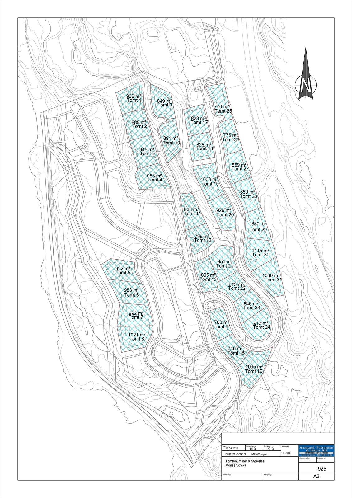 Oversikt over tomtene med tanke på hvor de ligger og størrelsene. Galleribilde