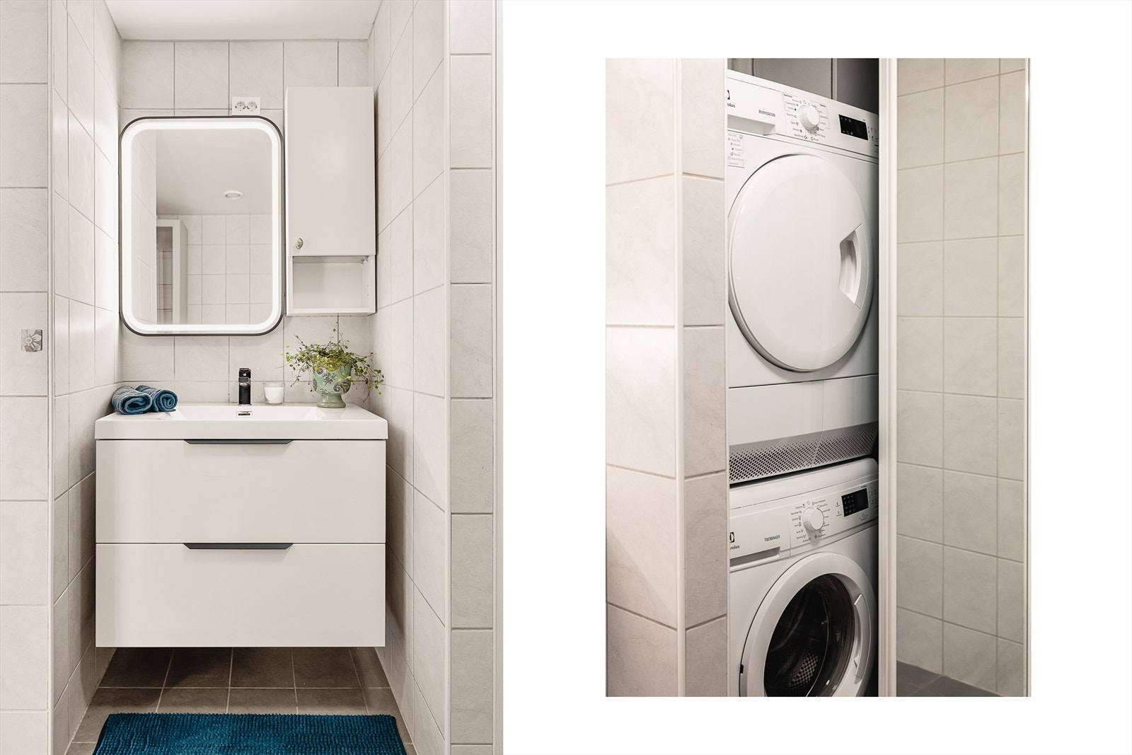 Vaskeromsdelen er elegant skjult bak skyvedørene. Galleribilde
