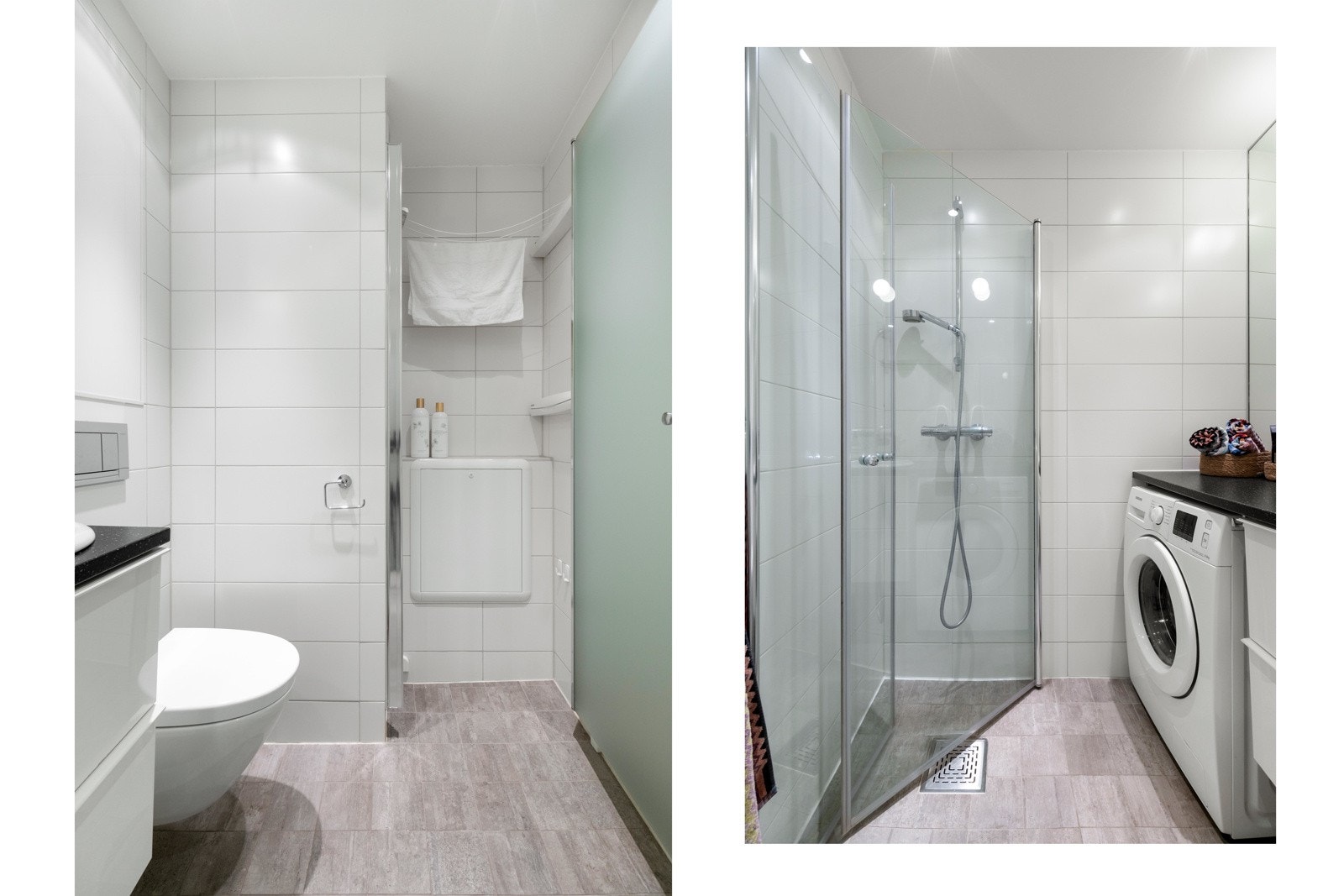 Til høyre når du kommer inn på badet, er det en praktisk nisje med glassdør som kan lukkes. Her er det plass til for eksempel skittentøyskurv, strykebrett eller klesstativ. Galleribilde
