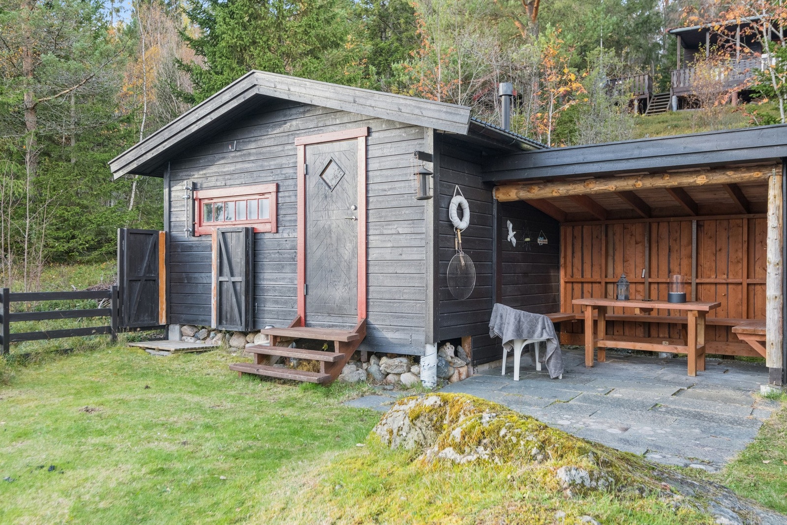 Uthuset ligger med kort avstand fra hytta og har godt med lagringsplass. Det er også en utedo i uthuset. Galleribilde