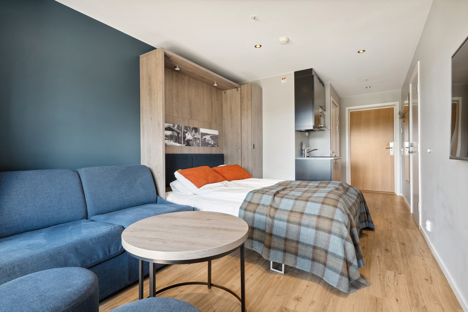 Et hyggelig oppholdsrom innredet med sofa, romslig seng og et lite, praktisk kjøkken. Galleribilde