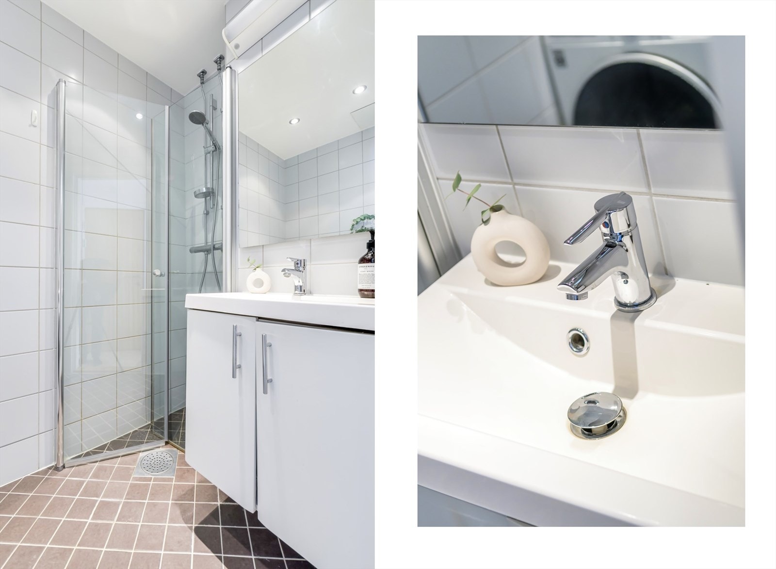 Videre er badet innredet med vegghengt klosett, servant med innredning og dusjhjørne med svingbare glassdører. Opplegg for vaskemaskin. Galleribilde