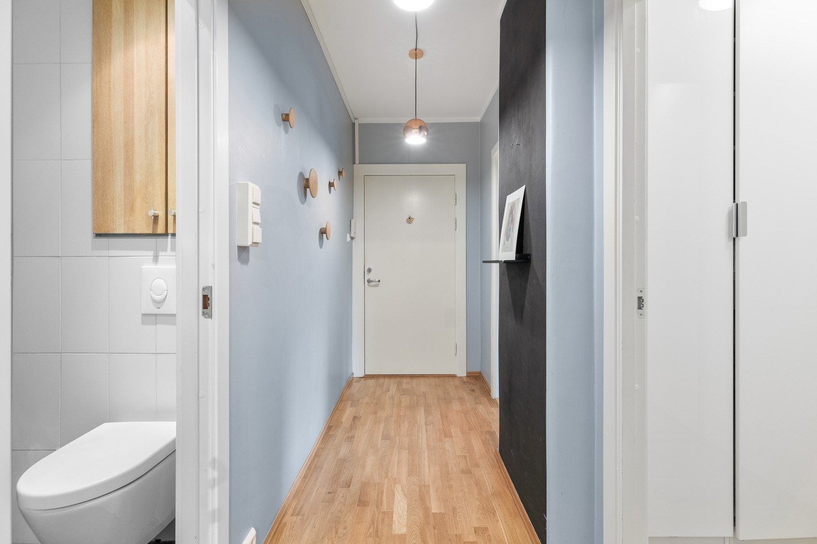 Leiligheten har en entré og gang innredet med malte slette tak og veggflater og gjennomgående 3-stavs parkettgulv. Mulighet for oppbevaring av sko og yttertøy. Videre er de Galleribilde