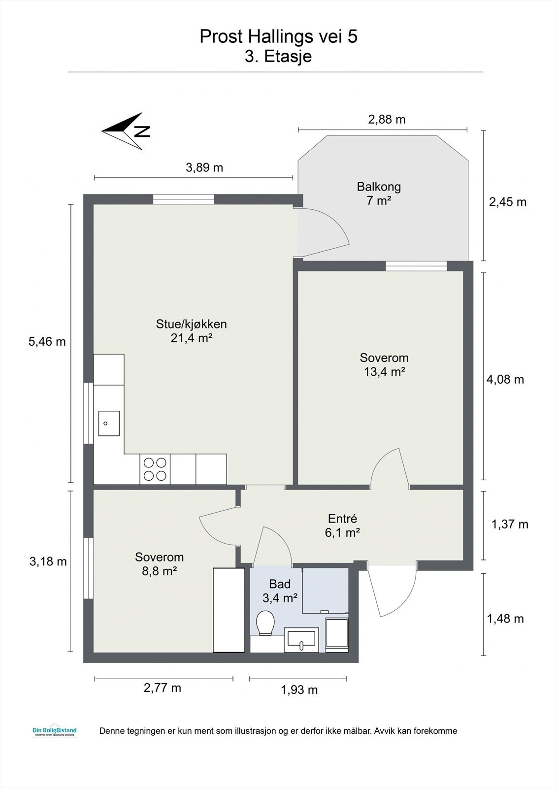 Leiligheten inneholder entré, bad, 2 soverom, åpen stue- og kjøkkenløsning med utgang til balkong. Leiligheten disponerer også boder i 1. etasje. Galleribilde