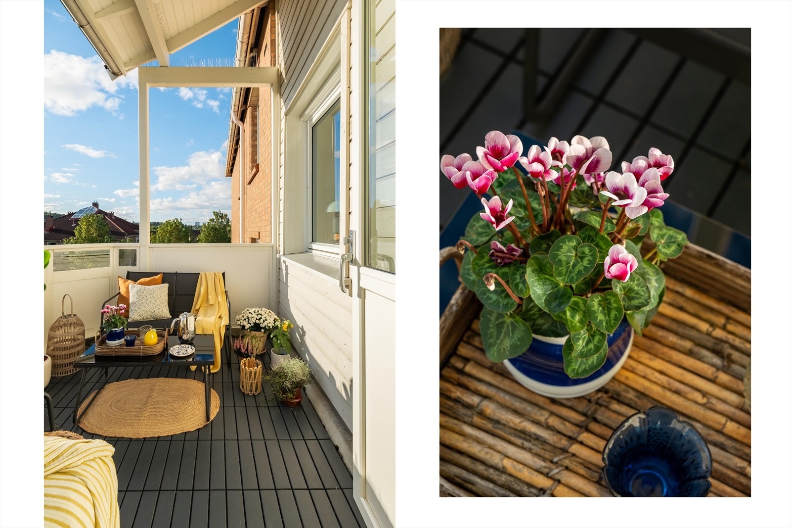 På balkongen er det lagt terrassebord i impregnert treverk. Det er montert belysning og stikkontakter. Rekkverk i stål med innfelte plater. Galleribilde
