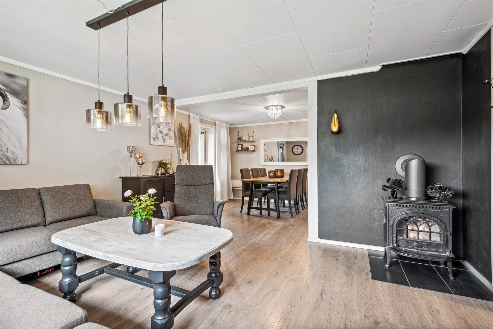 I stuen er det også vedovn for lun og god varme og stemning (det er nå installert en annen vedovn enn den som vises på bildet). Galleribilde