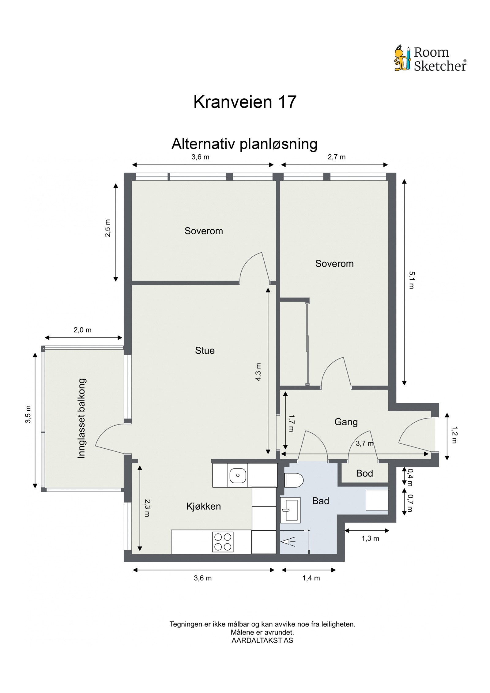 Alternativ planløsning med to soverom. Galleribilde