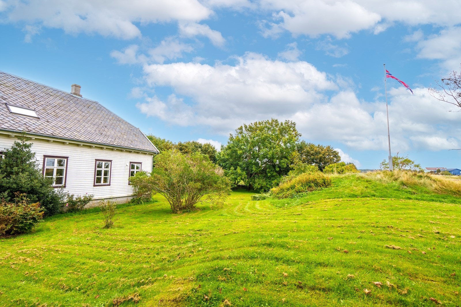 Stor tomt opparbeidet med plen trær og busker Galleribilde