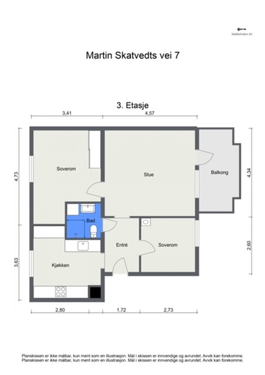 3 roms endeleilighet, gjennomgående med 7,4 kvm solrik balkong. Galleribilde