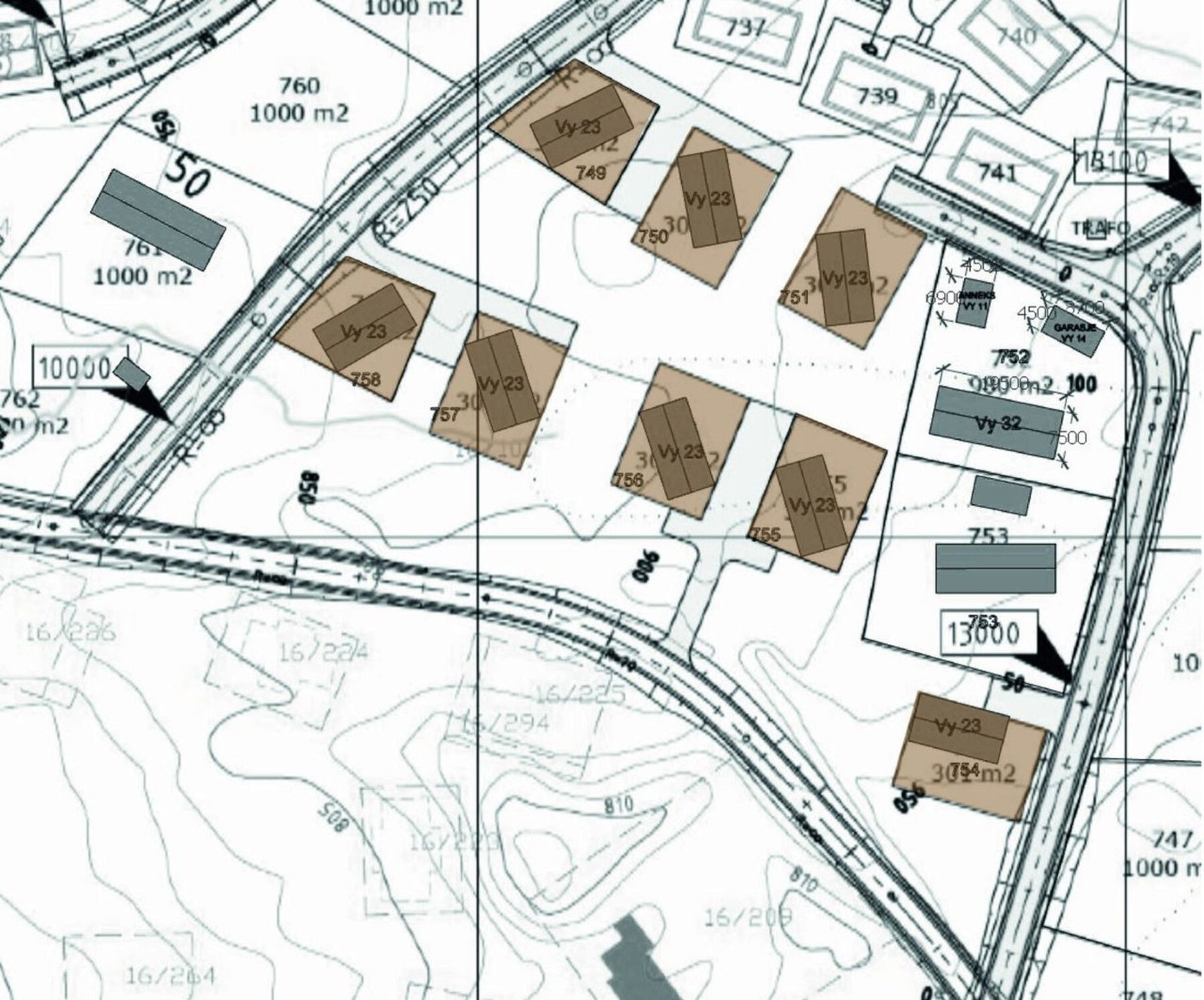 Situasjonsplan Skiline 6 med de 8 nye tomtene markert. Galleribilde