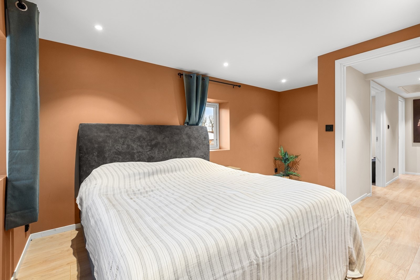 Hovedsoverom med harmonisk farge og spotbelysning i taket. Galleribilde