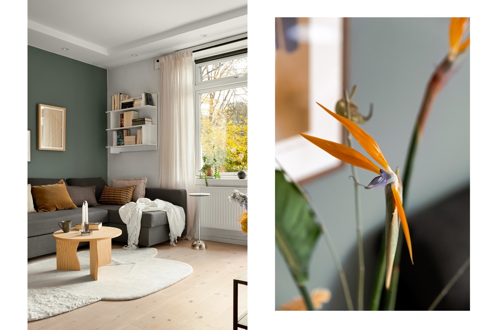 Det grønne utsynet strekker seg inn i leiligheten, og de dype vinduskarmene er supre å innrede. Galleribilde