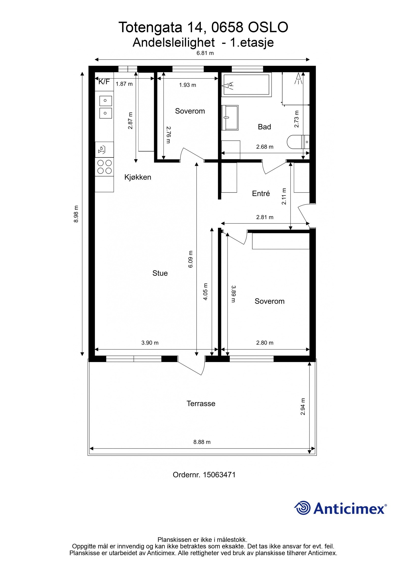Plantegning i 2D med mål. Galleribilde