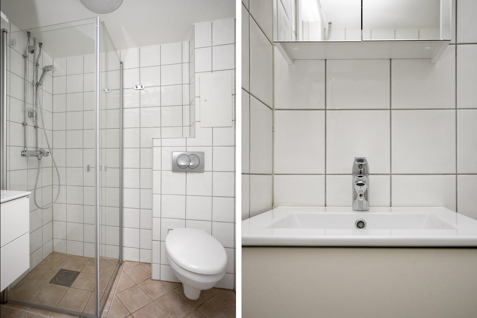 Badet er flislagt. Det er innredet med dusj, toalett og servant med oppbevaringsplass under og speilskap over. Galleribilde