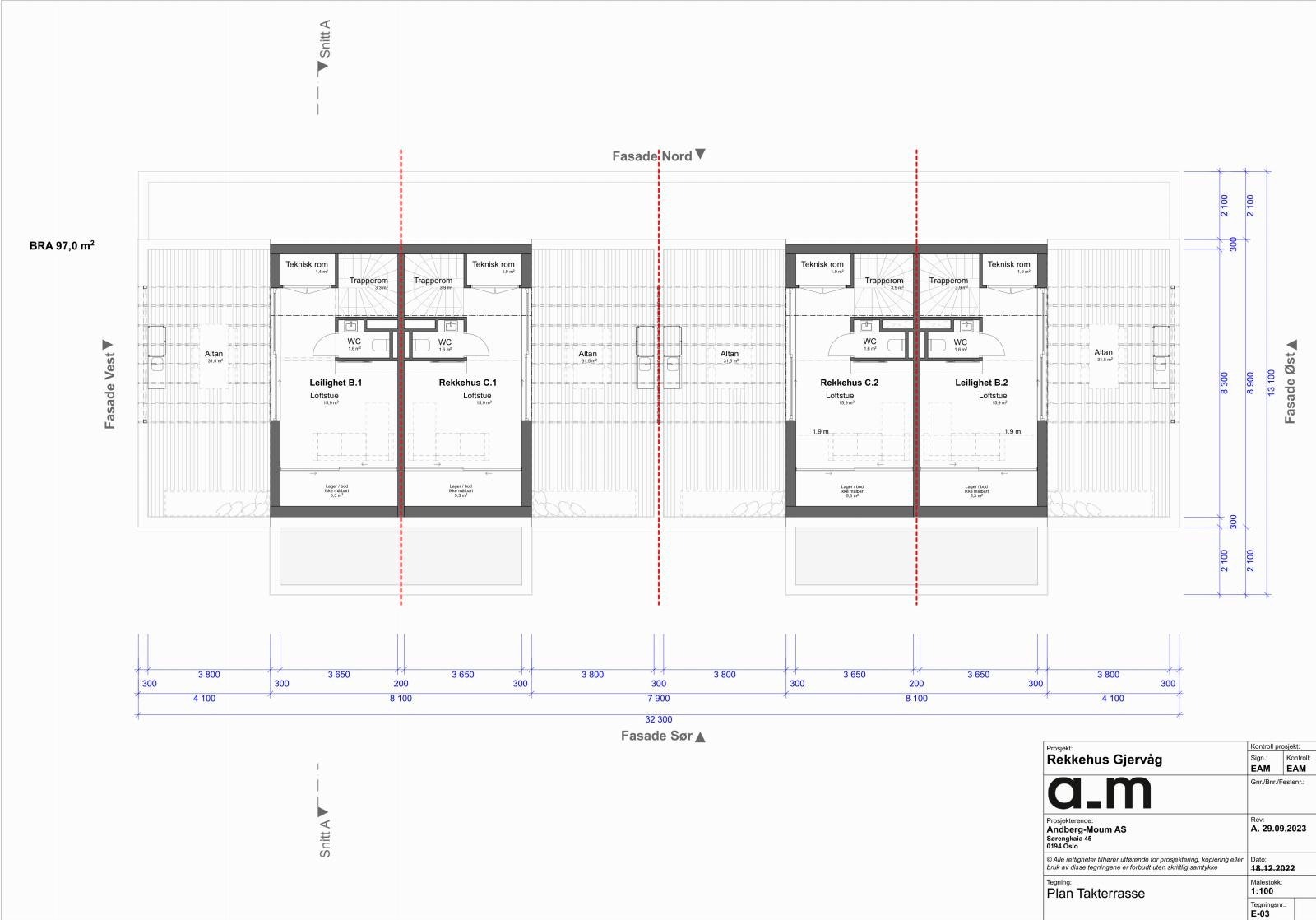 Plantegning takterrasse - Takterrassen har 32,5 kvm åpent areal og 13,2 kvm overbygd areal med utekjøkken. Det er lagt opp til at overdekket del av takterrassen kan inneholde integrert veksthus og solfangere. Galleribilde