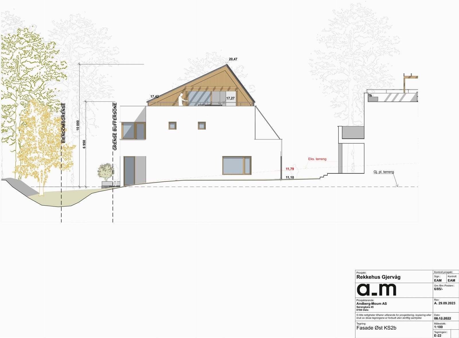 Fasade Øst - Det skal etableres 12 boenheter i tre vertikaldelte rekkehus med tilhørende anlegg. Fire boenheter i hvert rekkehus på rundt 165 kvm. Galleribilde