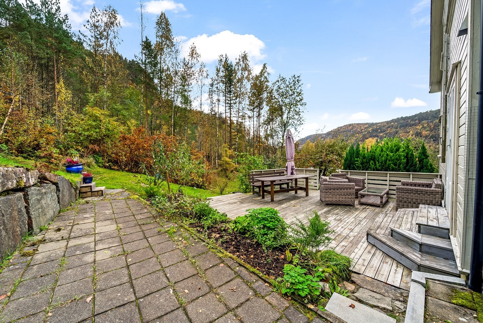 Usjenert uteplass med flere solrike soner. Galleribilde