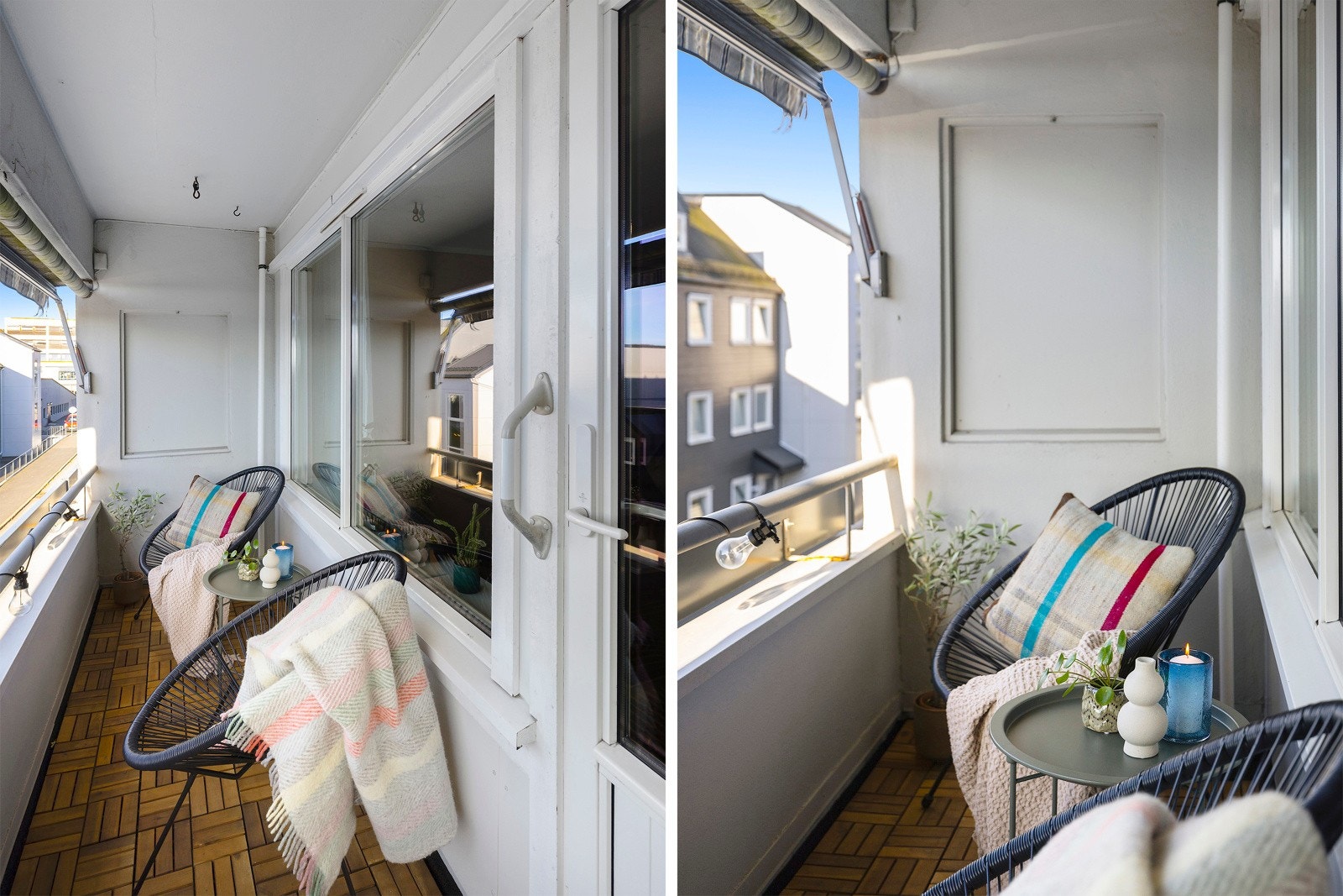Balkongen er lun og overbygd, samt utstyrt med en bred markise. Galleribilde