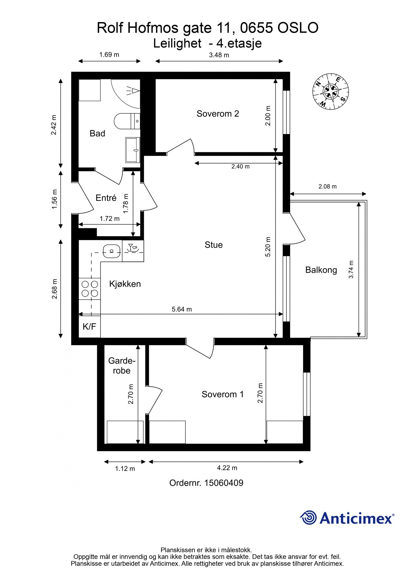 Plantegning. Leiligheten disponerer en bod på 5 m² beliggende i underetasje, samt en parkeringsplass beliggende i felles garasjeanlegg. Galleribilde