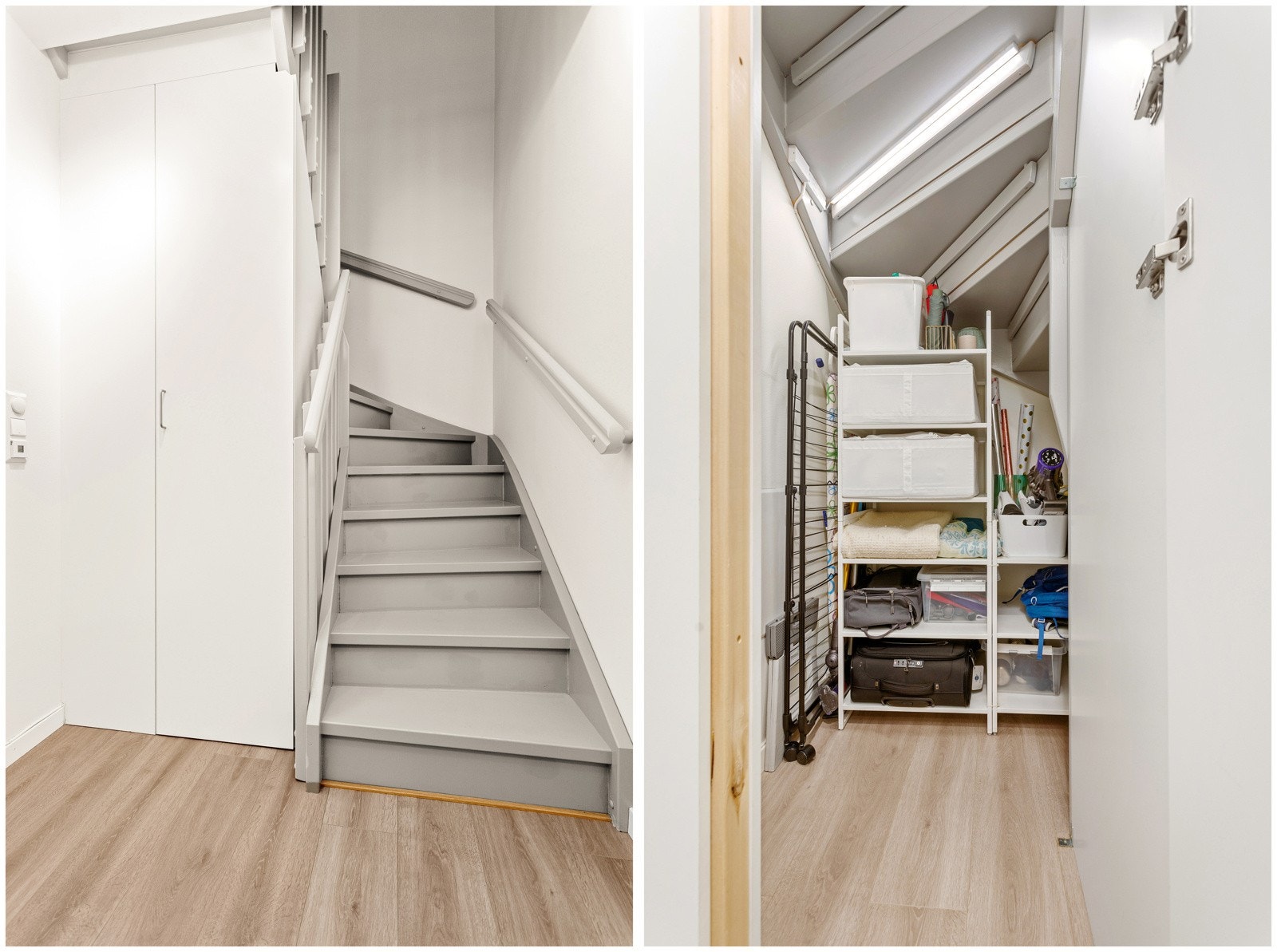 Under trappen er det bygd praktiske hyller for oppbevaring. Galleribilde