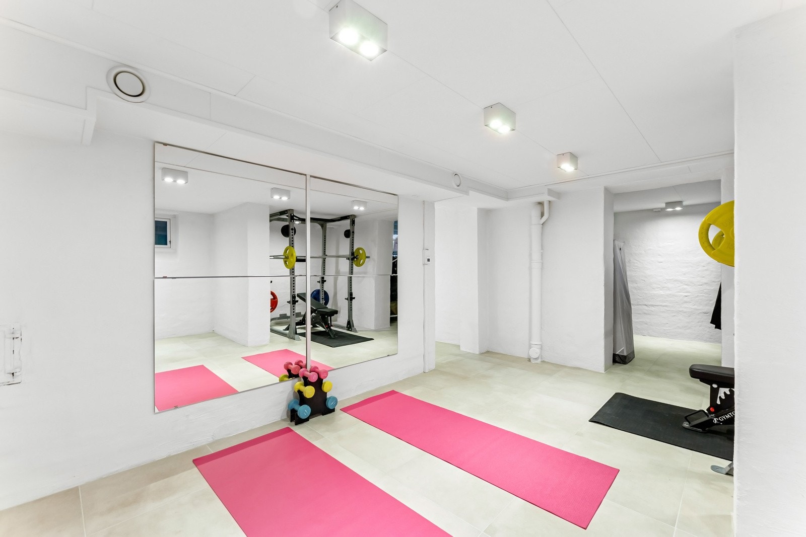 Flislagt treningsrom med god plass til tredemølle, romaskin, benkpress, spinningsykkel m.m. Galleribilde