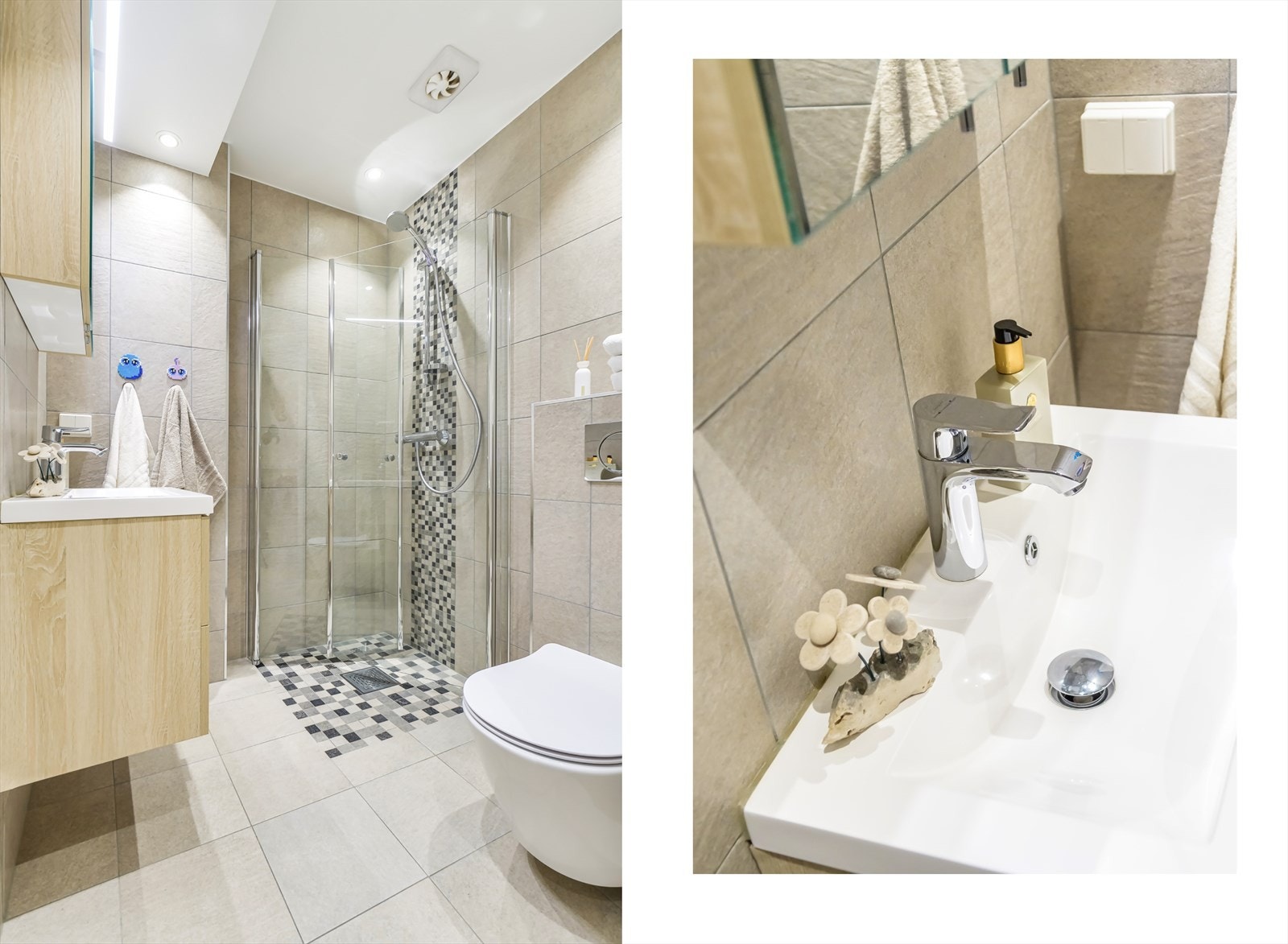 Badet er utført med moderne og tidsriktige fliser og materialvalg Galleribilde