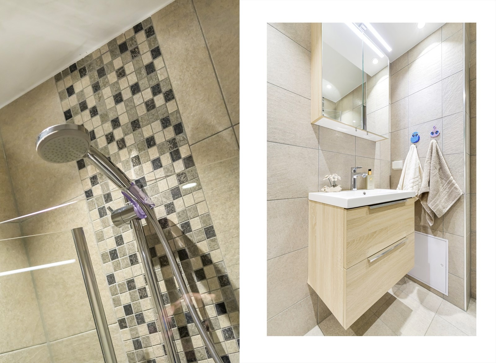 Badet er innrede med servantskap, speilskap, dushjørne og vegghengt toalett. Galleribilde