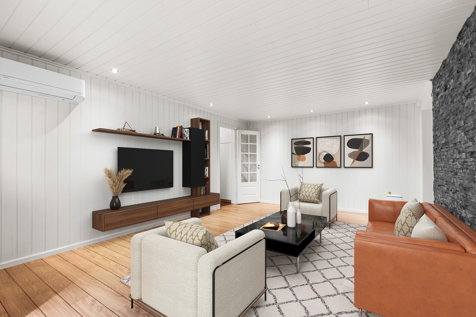 Stue - Nedforet tak med innfelte spotlights. Galleribilde