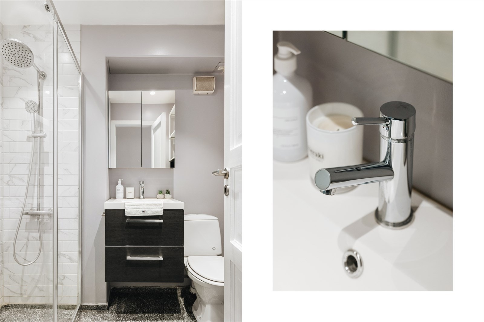 Bad er gulvstøpt med Terrazzo overflate, innredet med en flott servant og underskap i sorte fronter Galleribilde