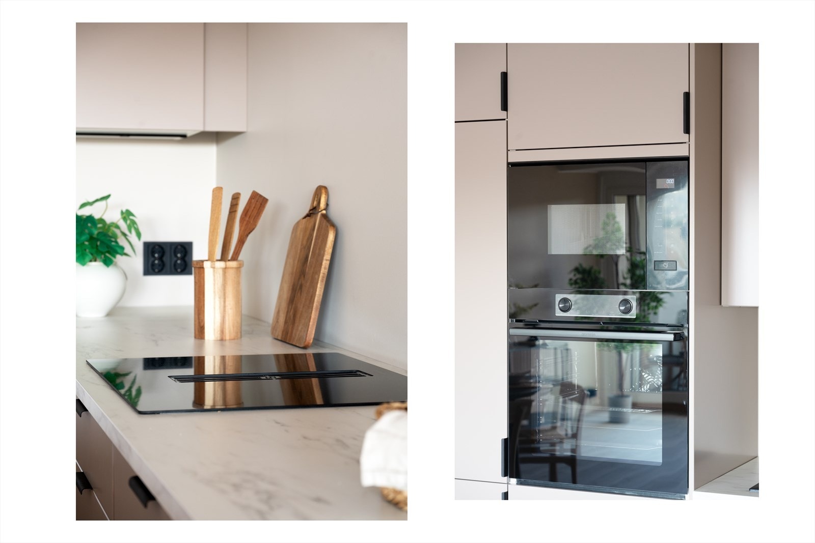 Med integrerte hvitevarer som stekeovn, mikrobølgeovn, platetopp og kjøleskap med fryser, er dette kjøkkenet både funksjonelt og stilrent. Ventilator med nedtrekk. Galleribilde