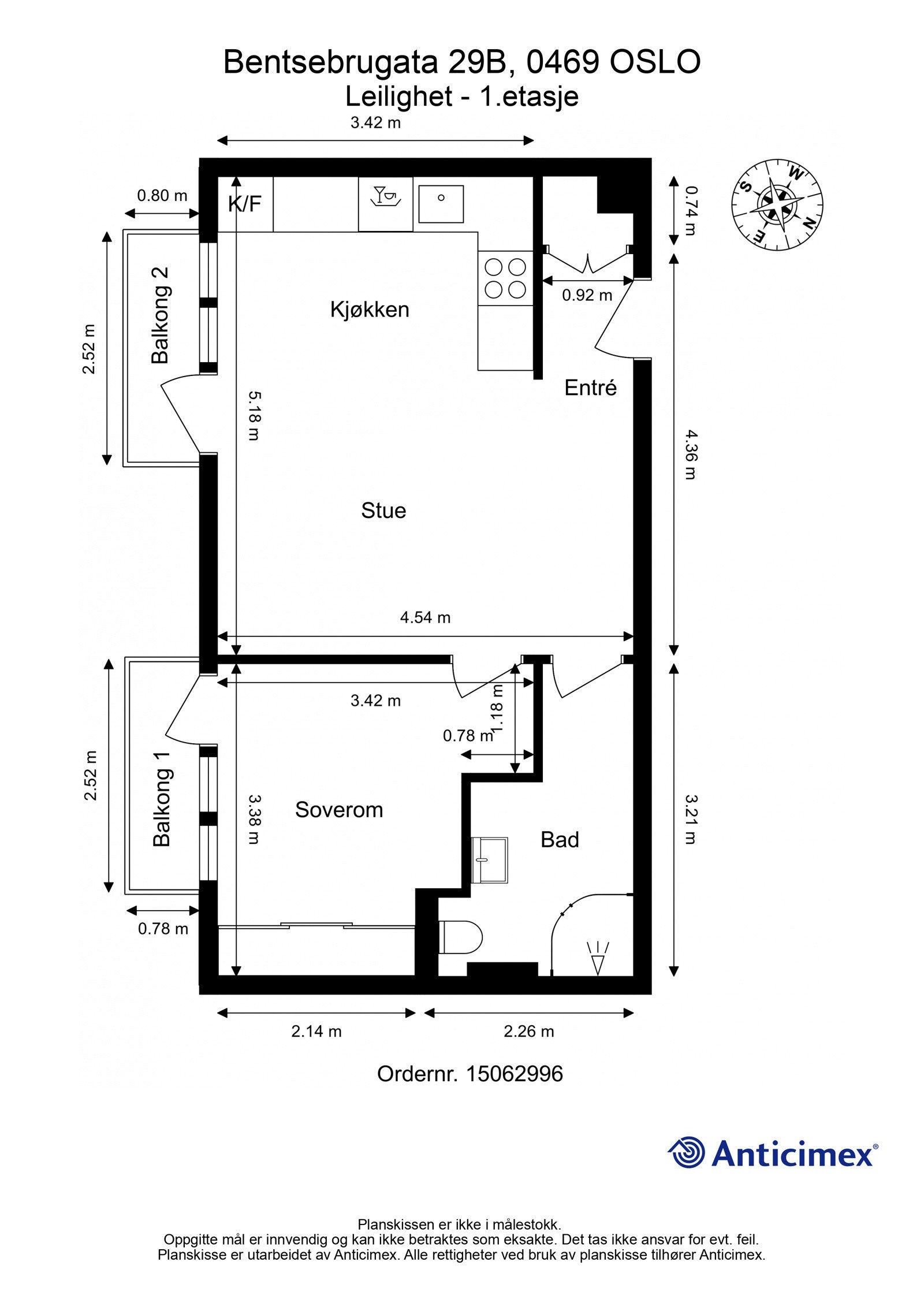 Plantegning. I tillegg disponerer leiligheten to kjellerboder på ca. 3m² og ca. 2m². Den ene boden leies ut til nabo for kr. 500,-/mnd. Leieavtalen kan videreføres om ønskelig. Galleribilde