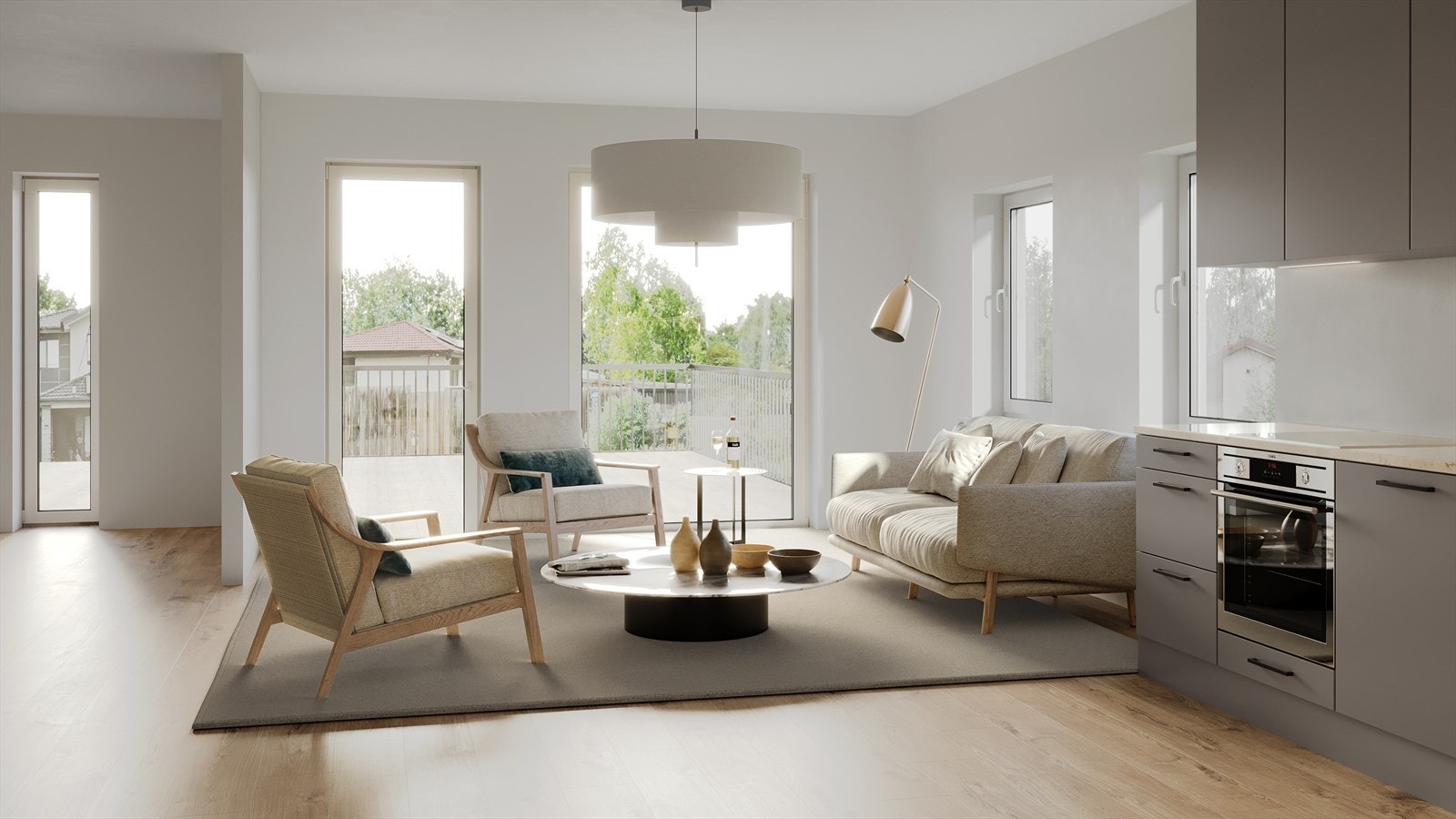 3D tegningene er ment som en illustrasjon om hvordan leilighetene kan prosjekteres. Her er det lagt vekt på et lyst og tidløst fargevalg med gode materialer. Galleribilde