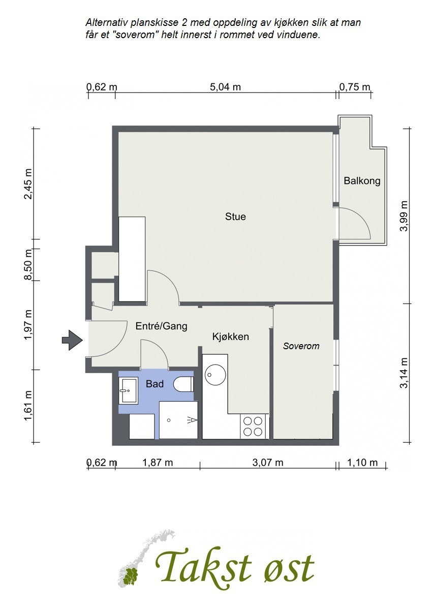 Alternativ planskisse 2 med oppdeling av kjøkken. Denne løsningen krever et større inngrep i konstruksjonen og megler har ikke undersøkt om hvorvidt dette lar seg gjøre. Kun ment som illustrasjon. Galleribilde