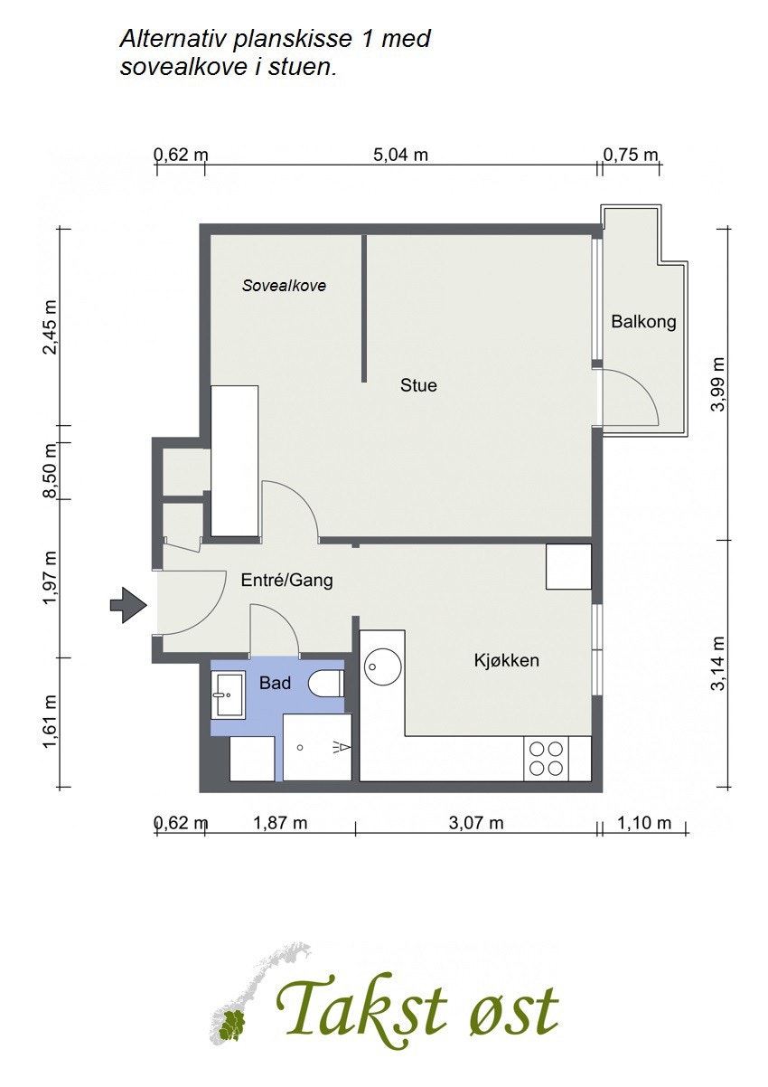 Alternativ planskisse 1 med sovealkove i stuen. Denne løsningen er enkel å gjennomføre og krever ingen store inngrep i konstruksjonen. Galleribilde