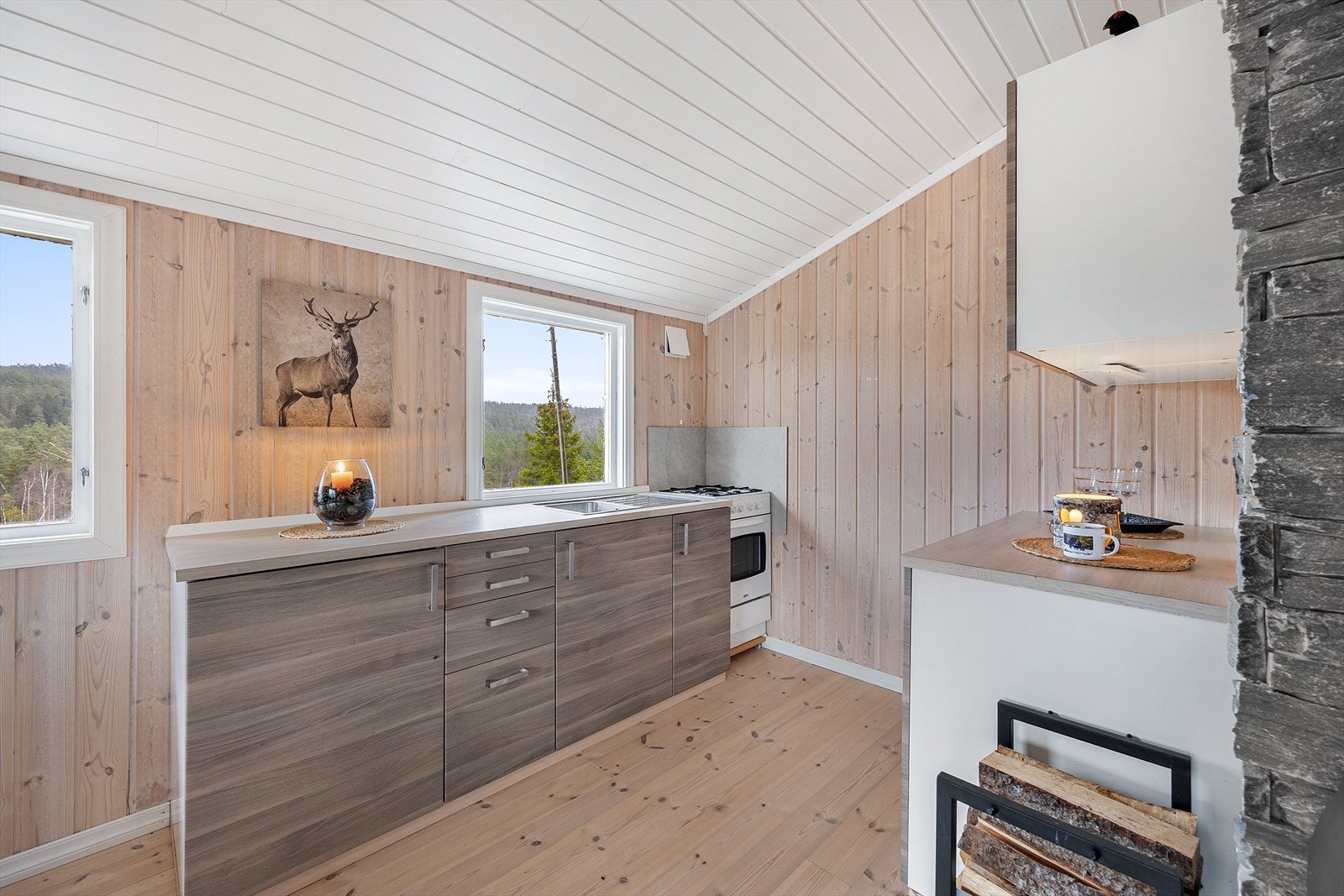 Innredningen har godt med skapplass bak folierte fronter i trestruktur og lyse laminatbenkeplater. Galleribilde