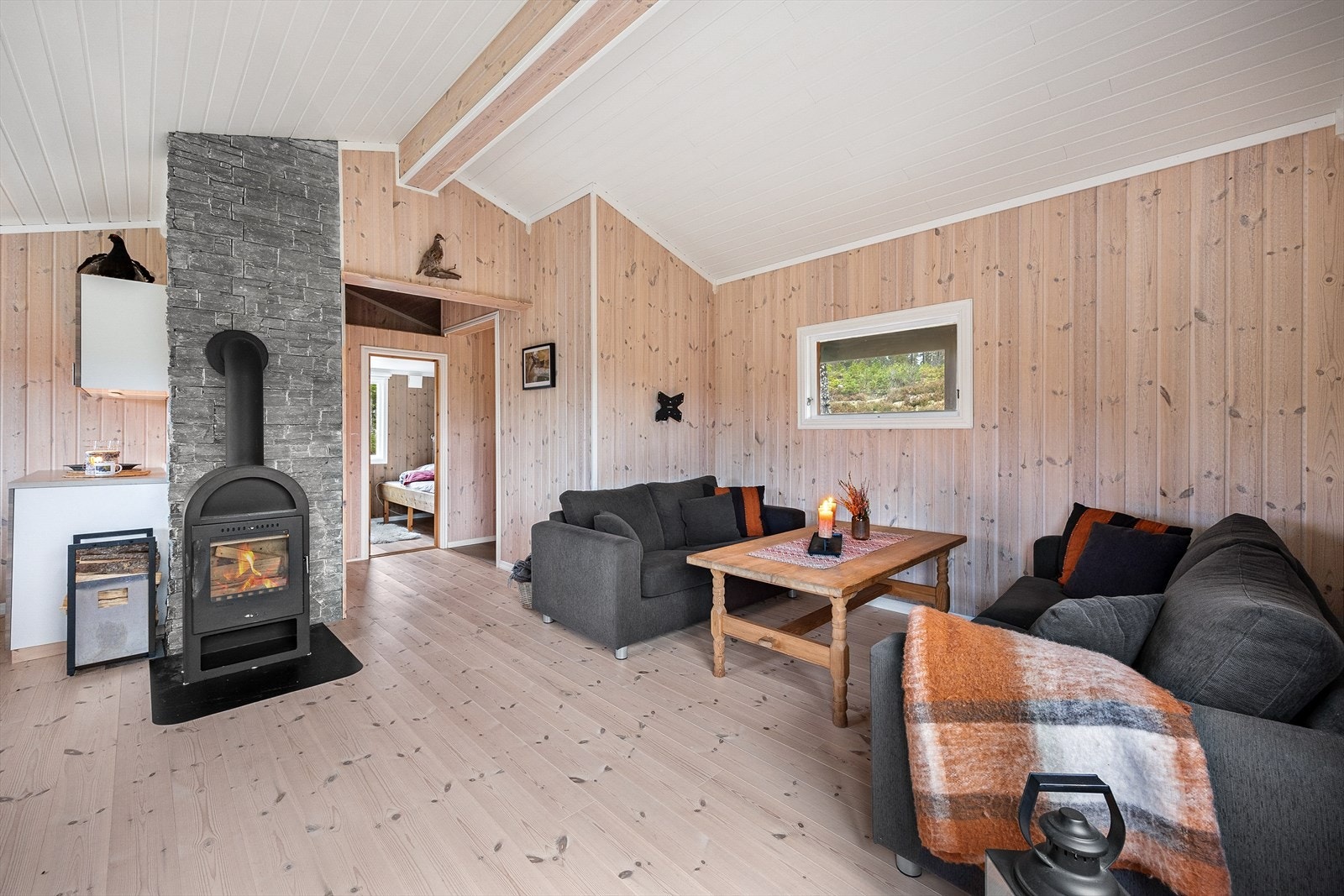 Sentralt i rommet er en moderne peisovn. Galleribilde