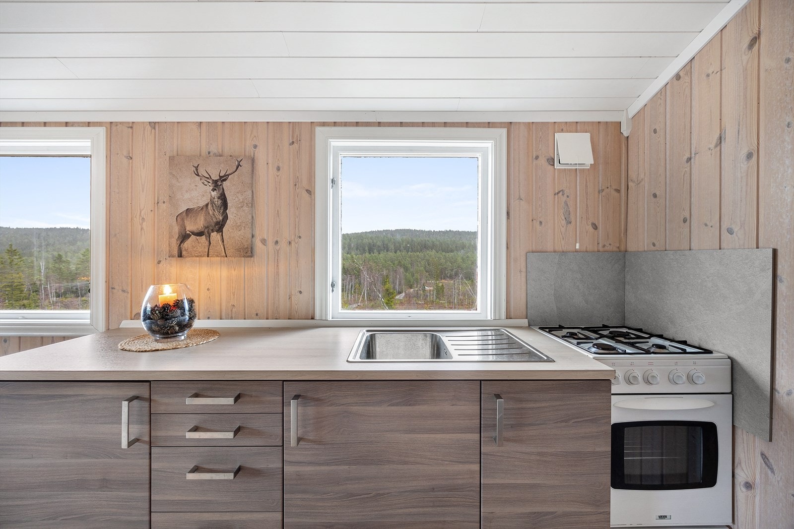 Over gasskomfyren er veggene beskyttet med store, grå fliser. Galleribilde